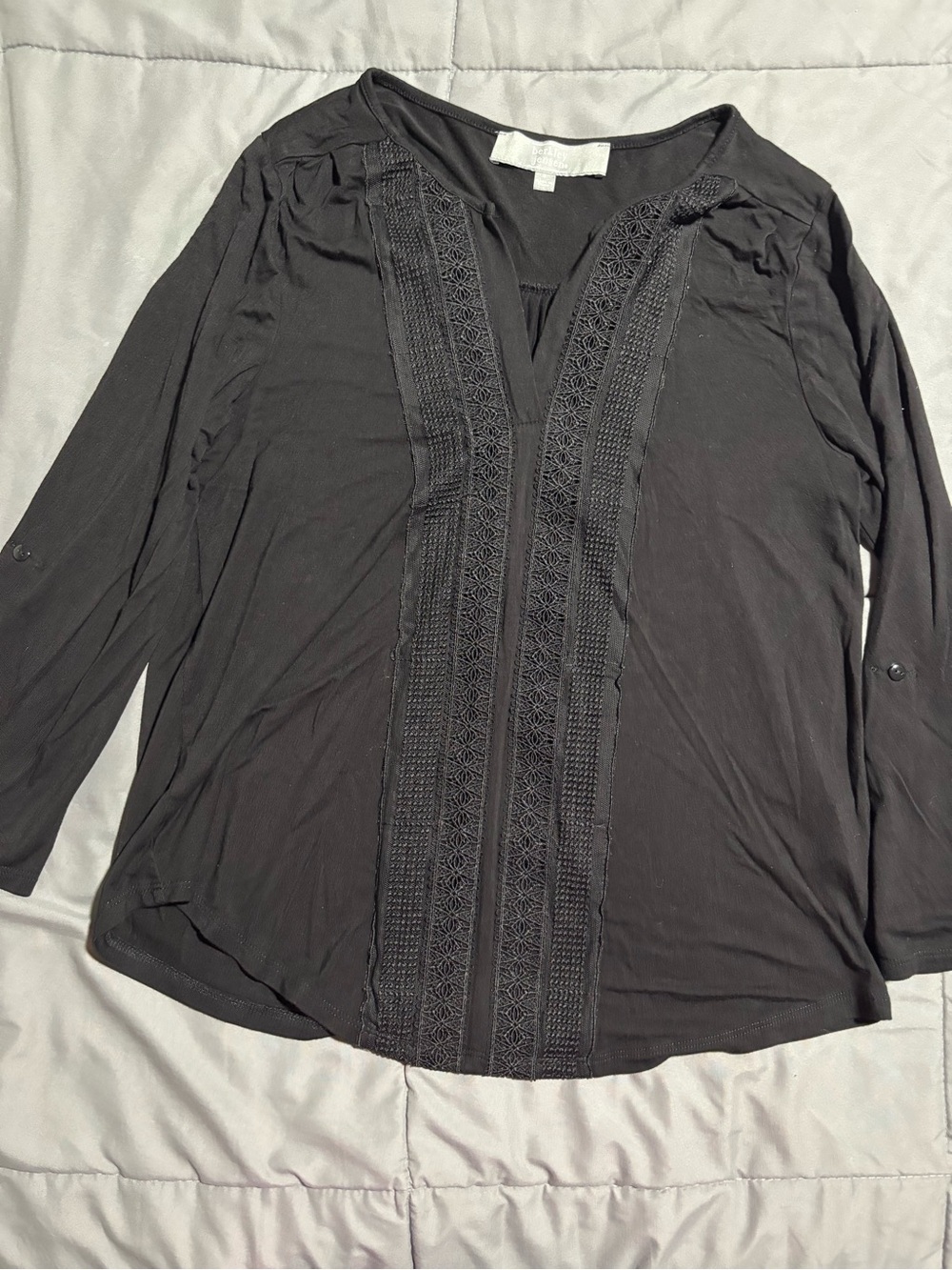 Women's Black Long-Sleeve V-Neck Top with Front Lace Panels